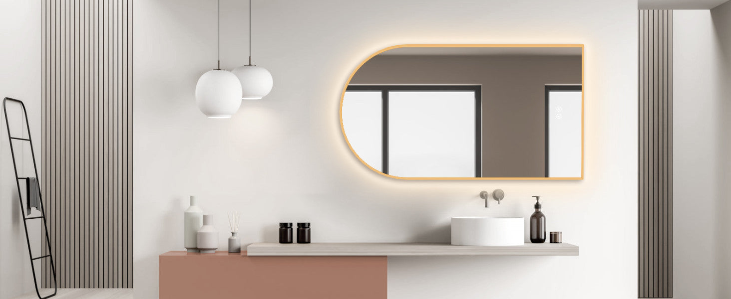 Badspiegel mit Beleuchtung und SPIEGEL HEIZUNG, Bogenform mit Gold Metall Rahmen