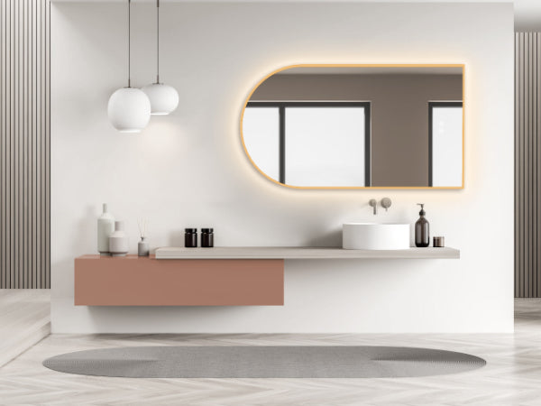 LED Badspiegel, Spiegel Heizung, Bogenform Wandspiegel, Lichtwechsel, Metall Rahmen Gold