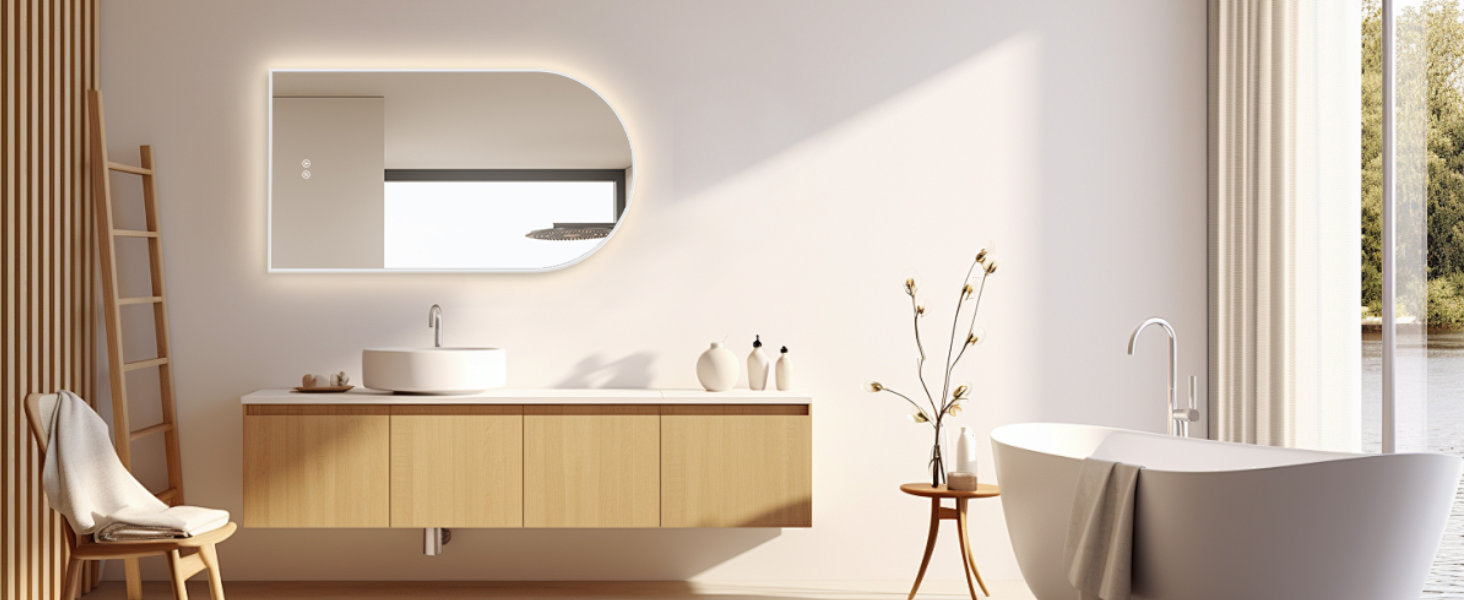 LED Badspiegel, Anti-Beschlag, Bogenform Wandspiegel, Lichtwechsel, Metall Rahmen Weiß