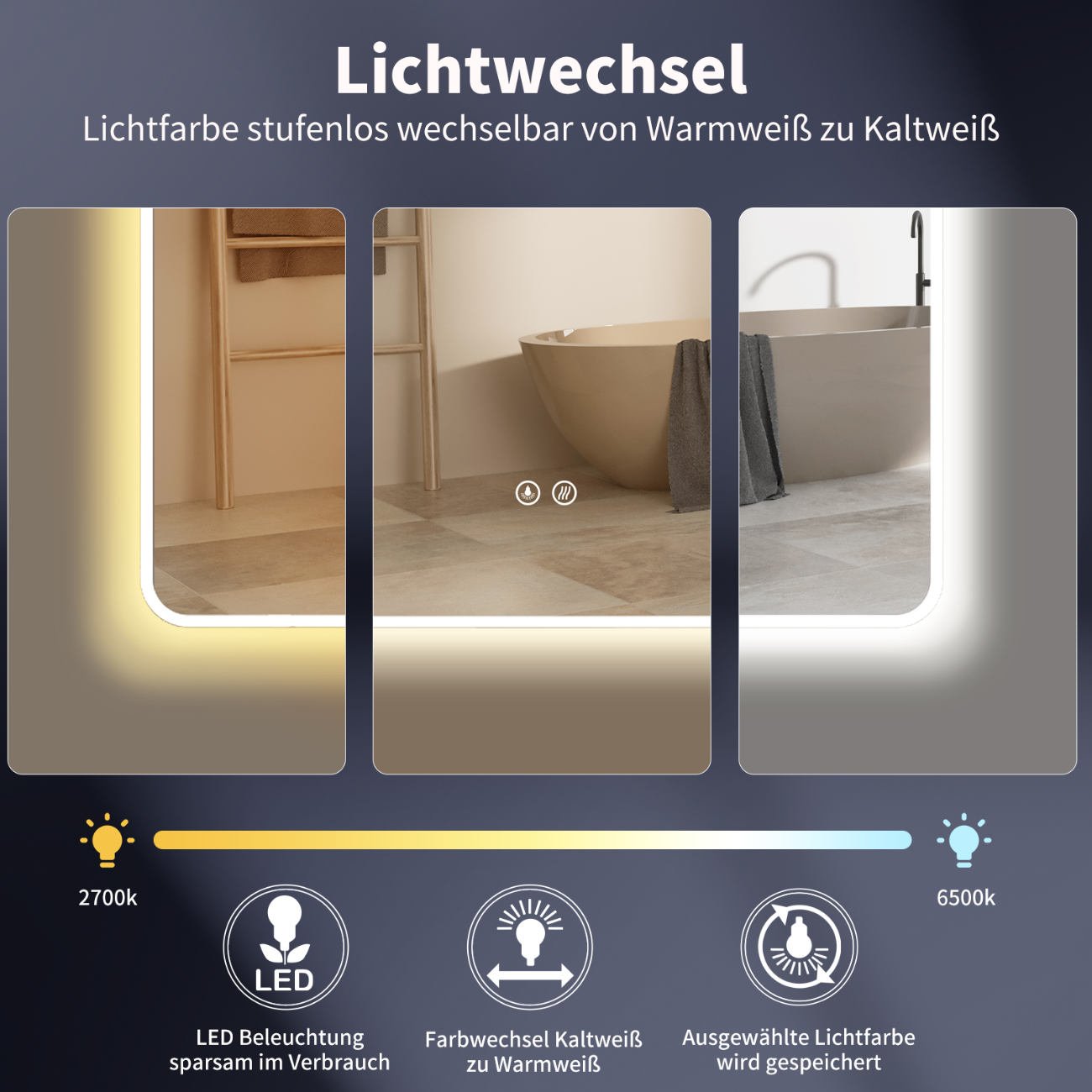 LED Badspiegel, Spiegel mit Beleuchtung, Weiß Metall Rahmen, Anti-Beschlag Funktion