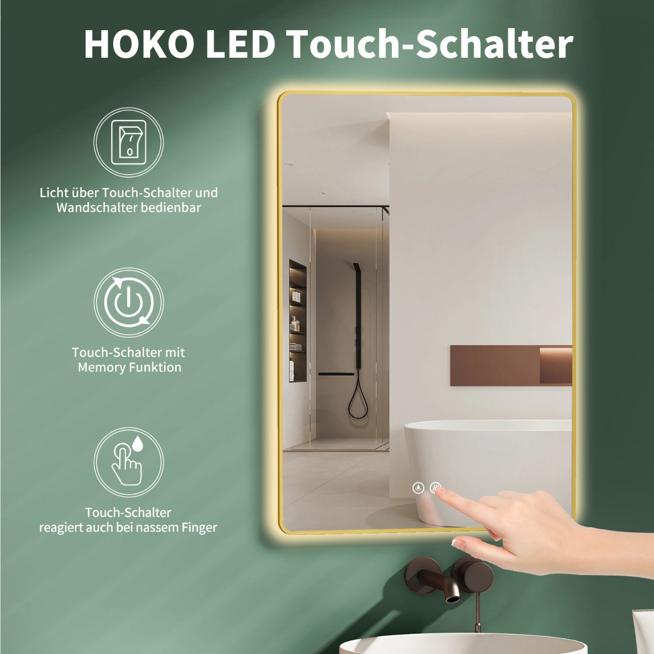 LED Badspiegel, Spiegel mit Beleuchtung, Gold Metall Rahmen, Anti-Beschlag Funktion