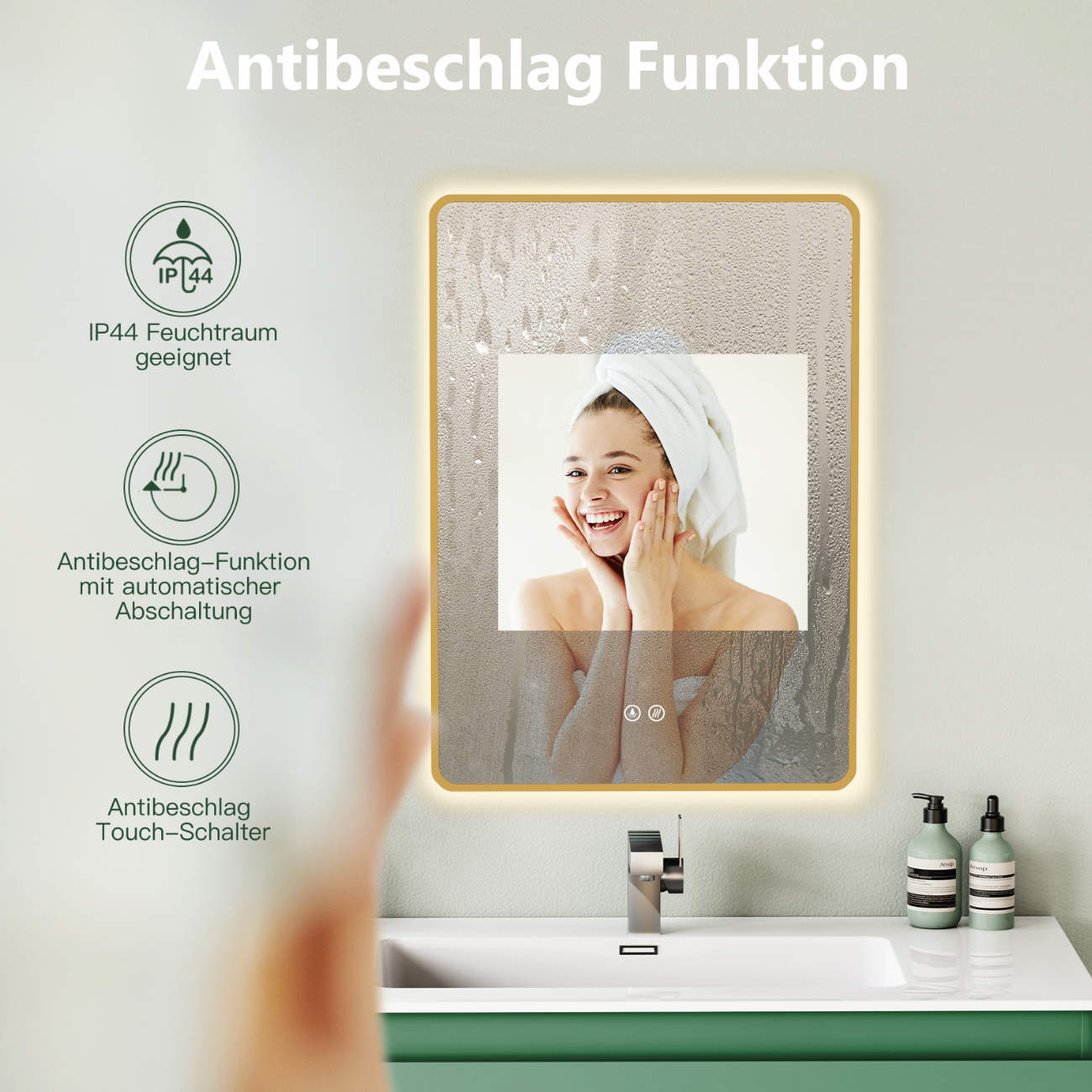 ANTIBESCHLAG Badspiegel mit Beleuchtung mit Gold Metall Rahmen, Lichtwechsel