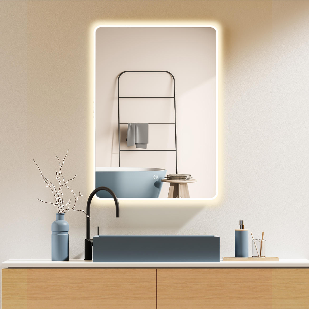 LED Badspiegel, Spiegel mit Beleuchtung, Weißer Metall Rahmen