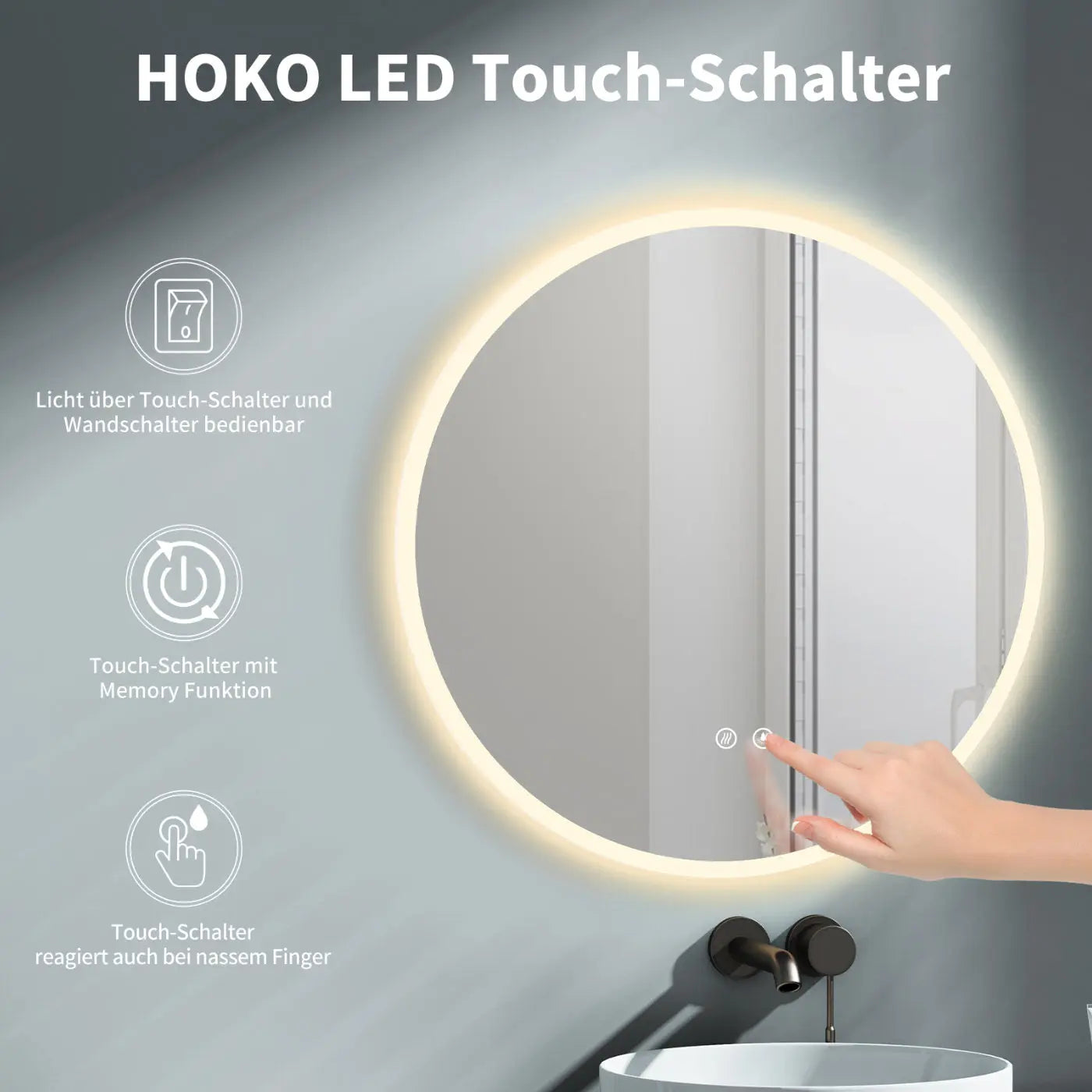 ANTIBESCHLAG LED Rundspiegel fürs Bad mit Spiegelheizung + Lichtwechsel - HOKO-Style