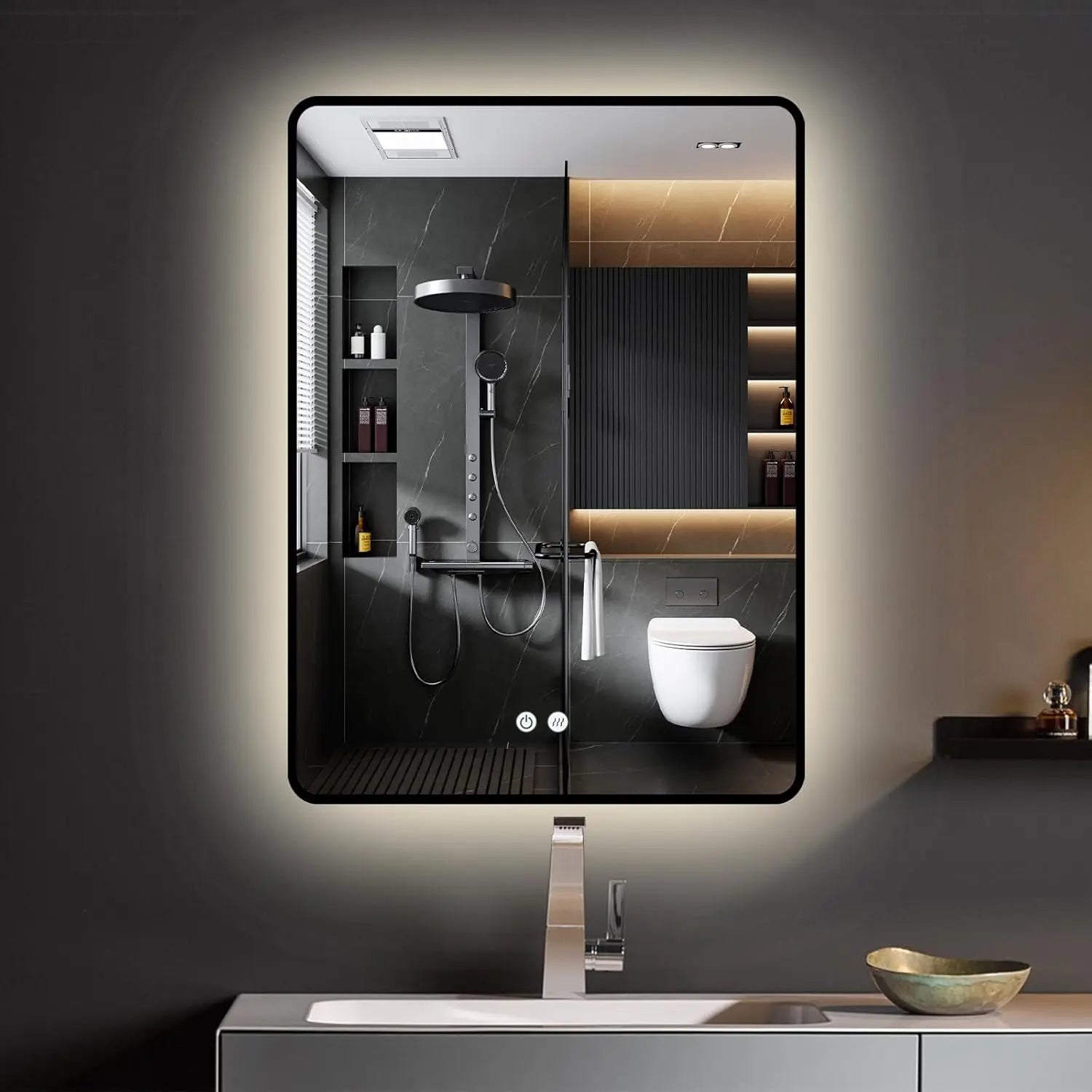 ANTIBESCHLAG LED Wandspiegel mit Schwarz Metall Rahmen, Lichtwechsel - HOKO-Style