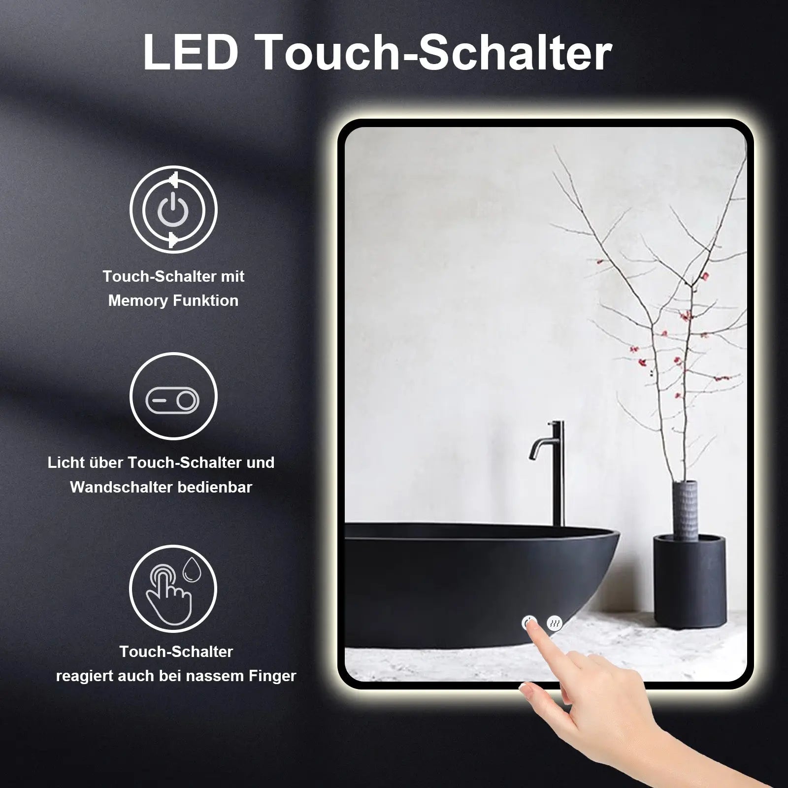 ANTIBESCHLAG LED Wandspiegel mit Schwarz Metall Rahmen, Lichtwechsel - HOKO-Style