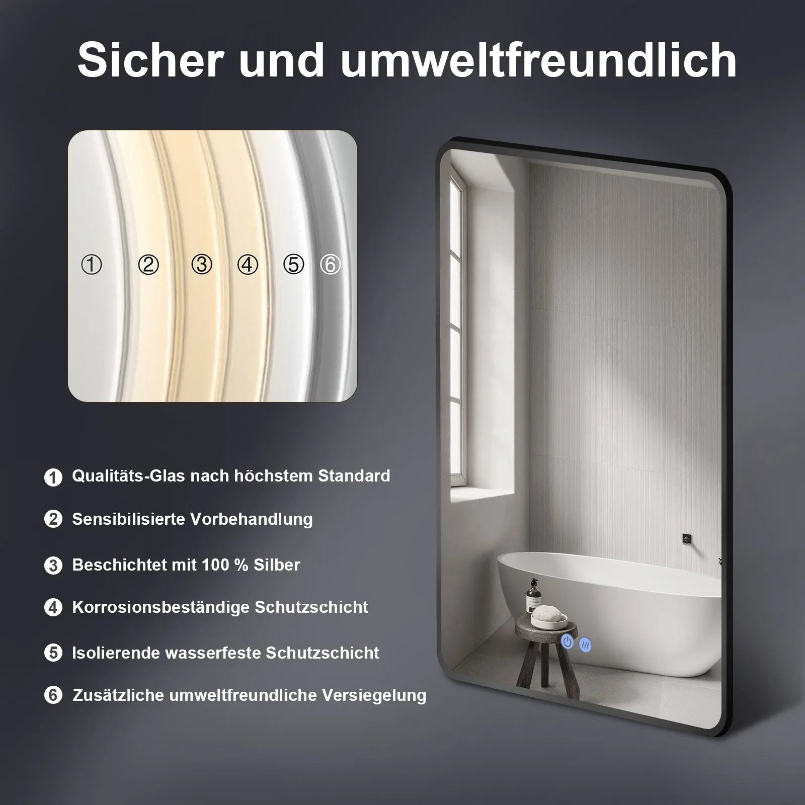 ANTIBESCHLAG LED Wandspiegel mit Schwarz Metall Rahmen, Lichtwechsel - HOKO-Style