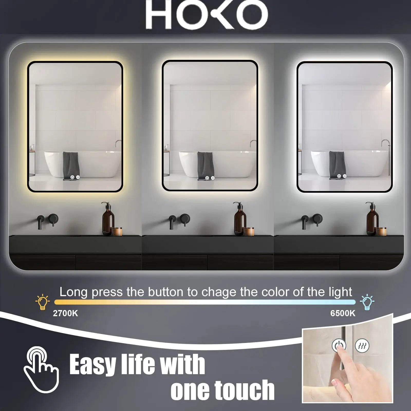 ANTIBESCHLAG LED Wandspiegel mit Schwarz Metall Rahmen, Lichtwechsel - HOKO-Style