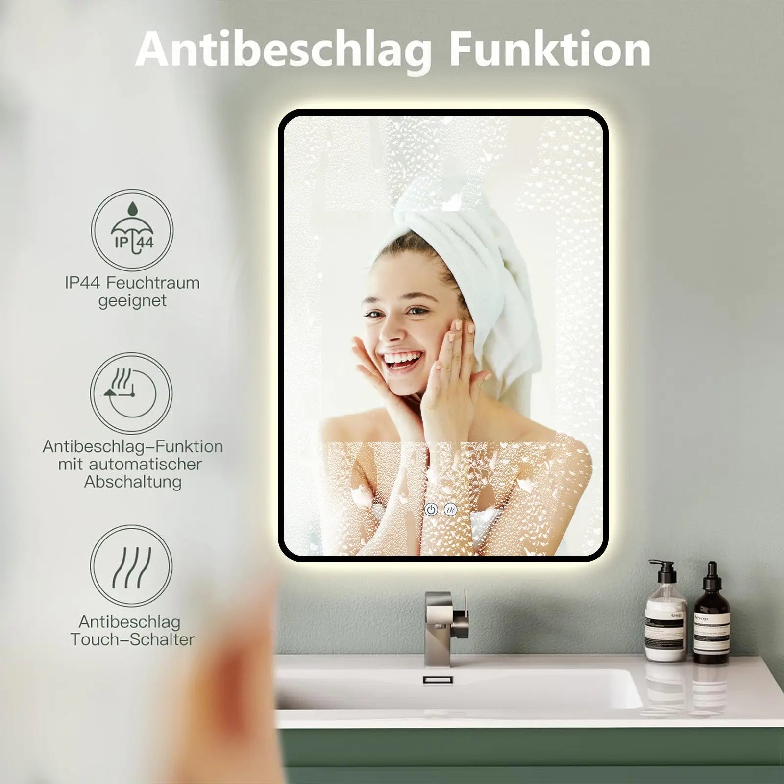 ANTIBESCHLAG LED Wandspiegel mit Schwarz Metall Rahmen, Lichtwechsel - HOKO-Style