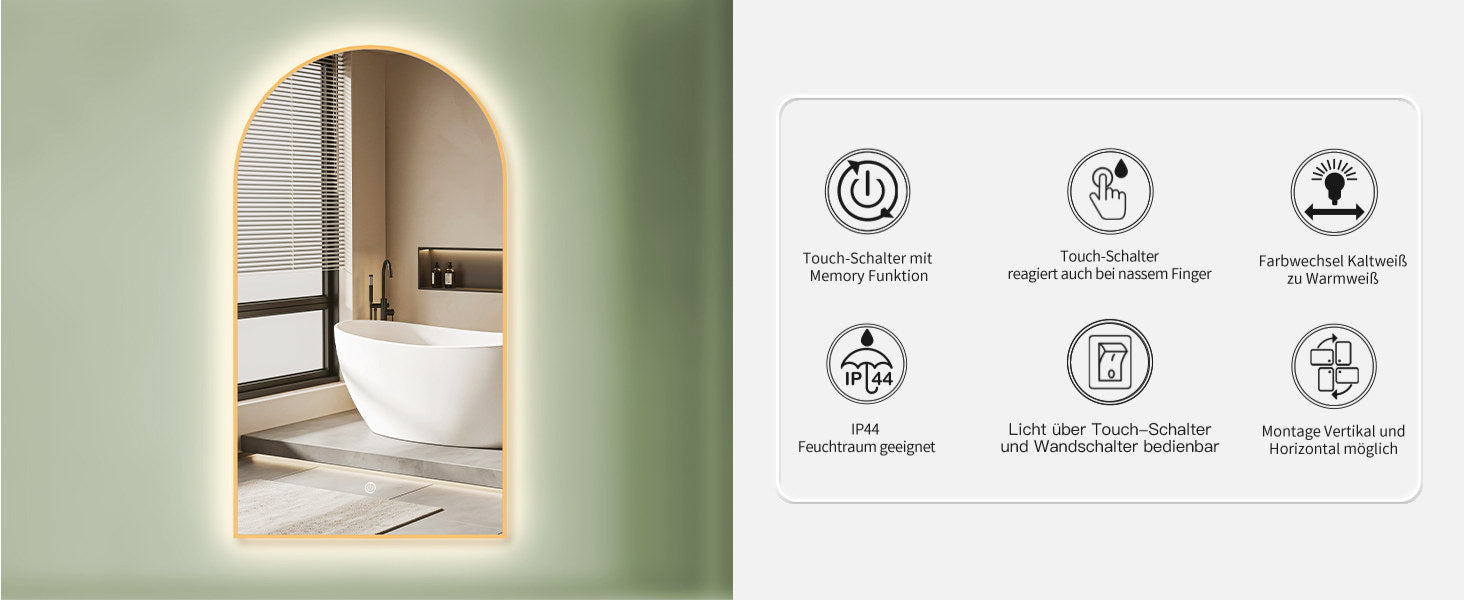 Badspiegel mit Beleuchtung, Bogenform Wandspiegel, Gold Metall Rahmen, Lichtwechsel, HOCH & QUER Montage