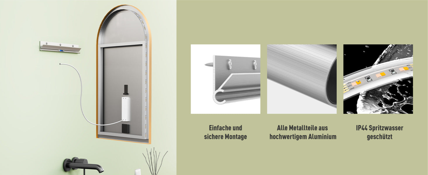 Badspiegel mit Beleuchtung, Bogenform Wandspiegel, Gold Metall Rahmen, Lichtwechsel, HOCH & QUER Montage