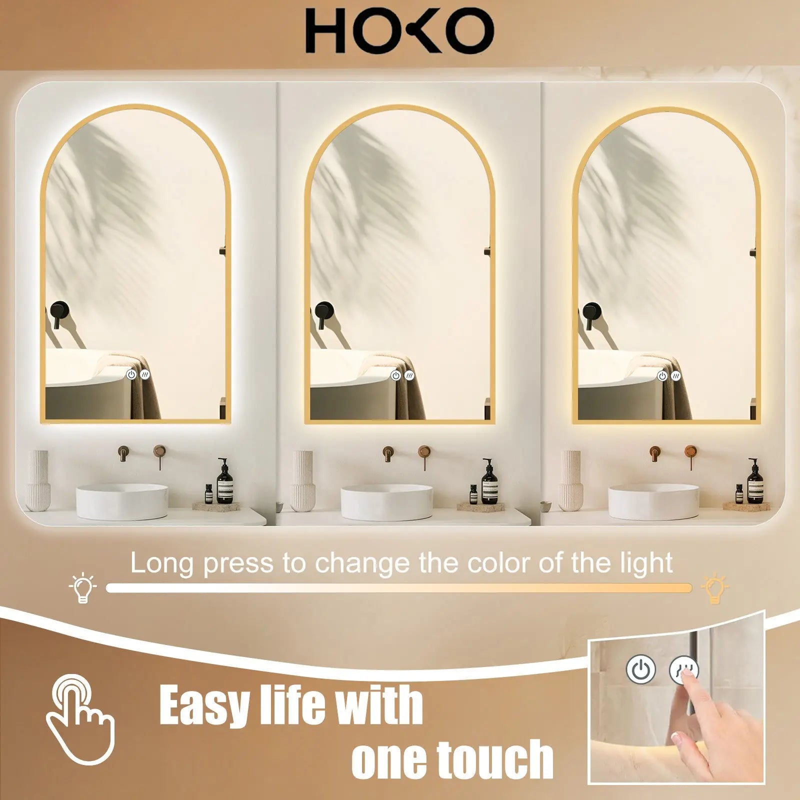 Badspiegel mit Beleuchtung und SPIEGEL HEIZUNG, Bogenform mit Gold Metall Rahmen (Kopie) - HOKO-Style