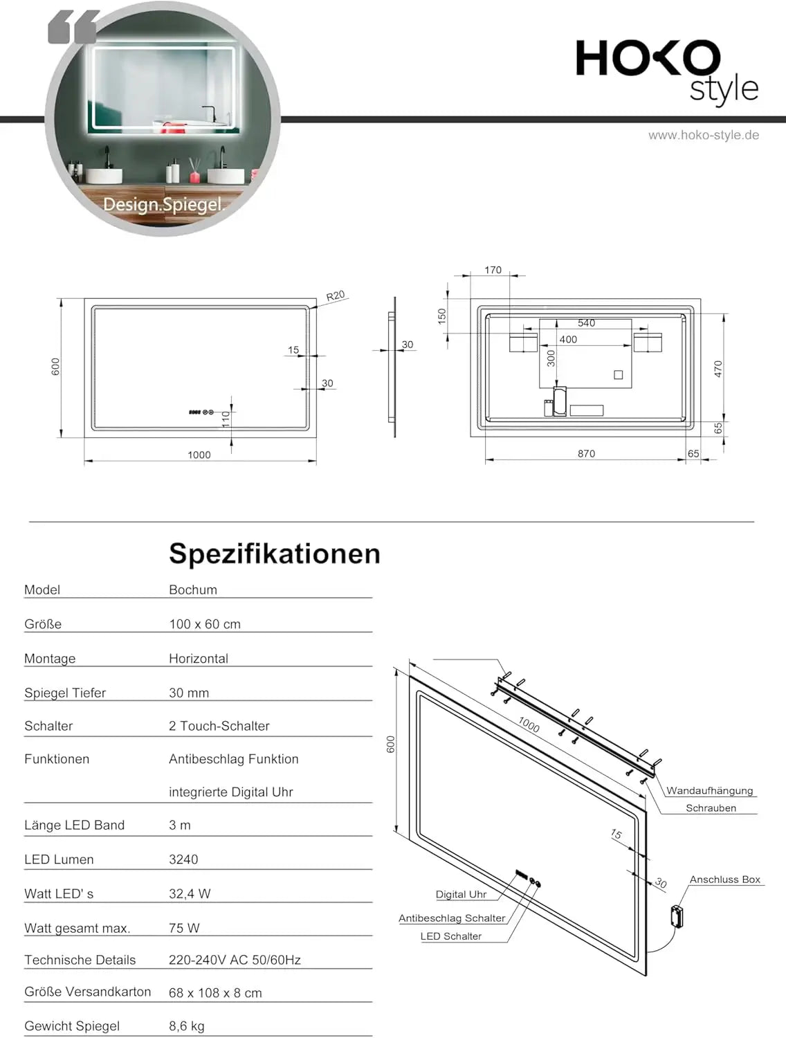 Badspiegel mit beleuchtung+Uhr+Antifog 60*100cm - HOKO-Style