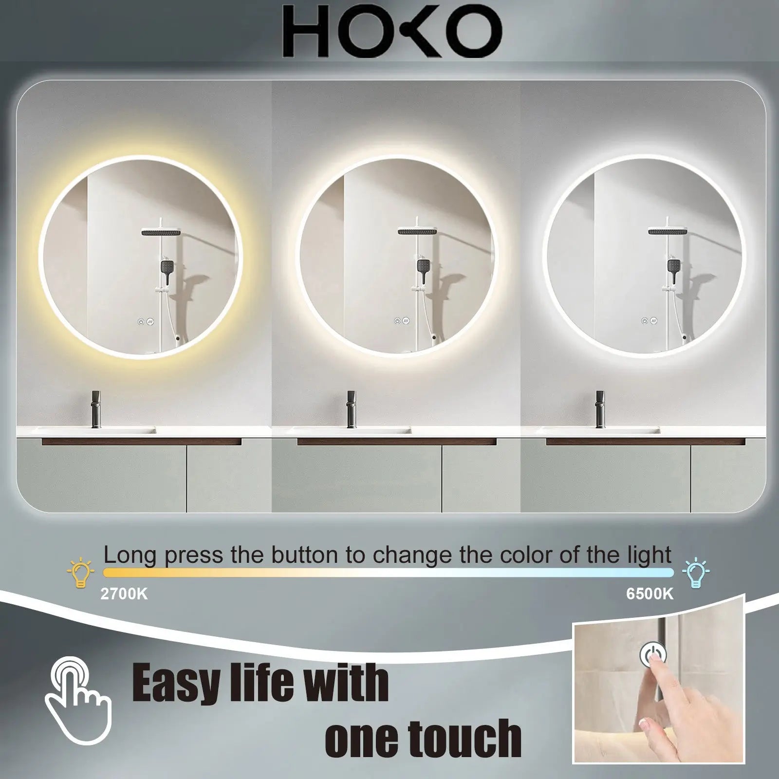 Design LED Badspiegel rund – mit Antibeschlag, integrierter Spiegelheizung & einstellbarer Lichtfarbe - HOKO-Style