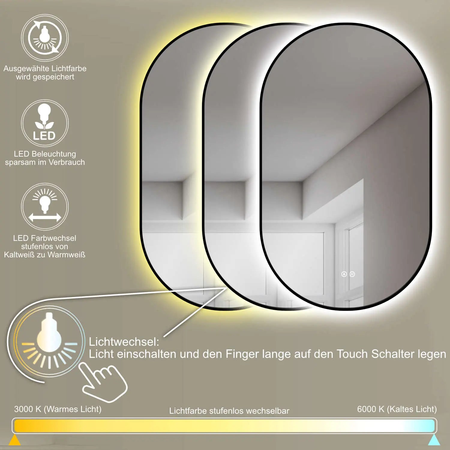 Ovaler LED Badspiegel ANTIBESCHLAG mit Schwarzrahmen und Lichtwechsel