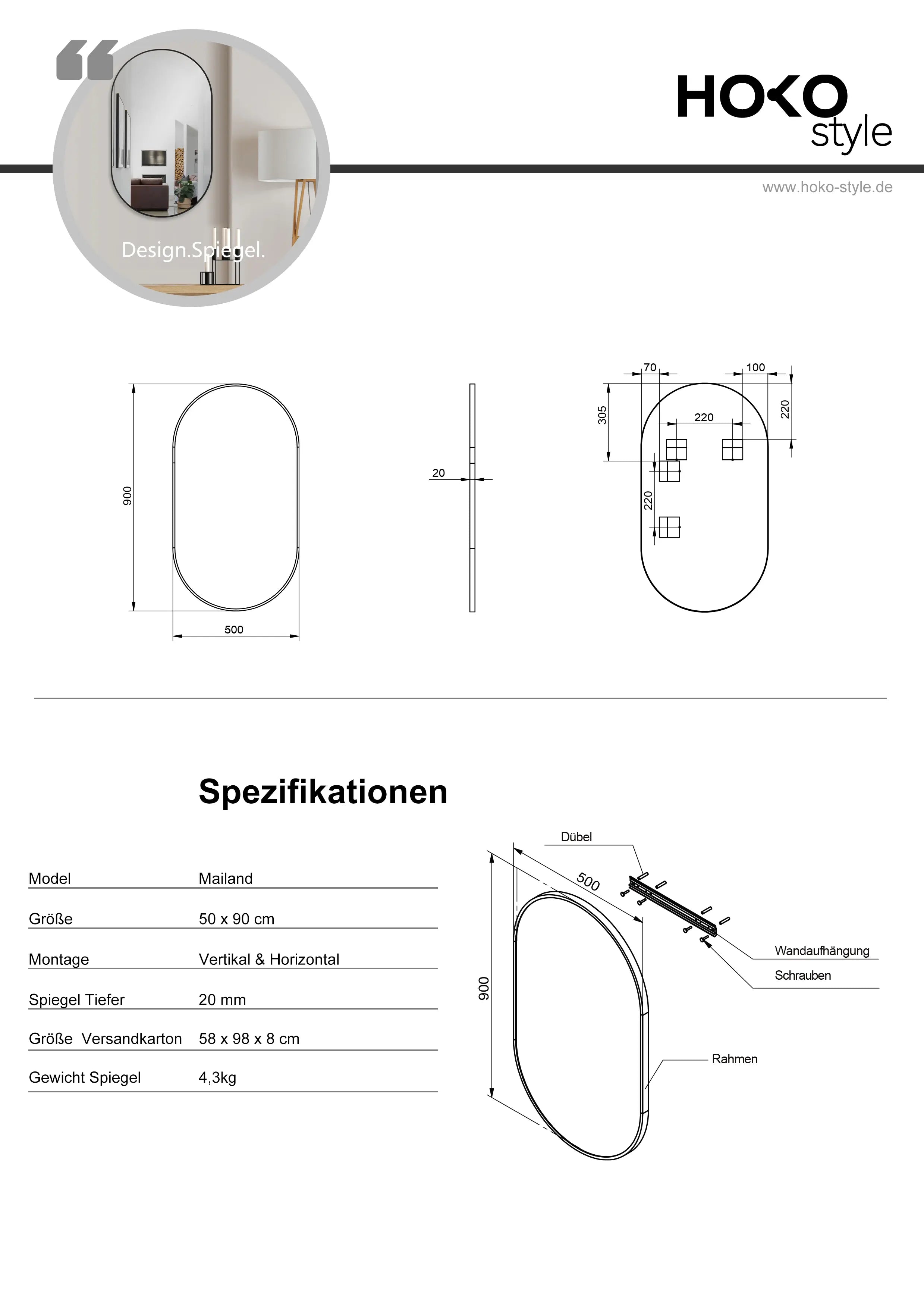 NEUWEABY Gewölbter Wandspiegel für Badezimmer, 50x75 cm Gewölbter