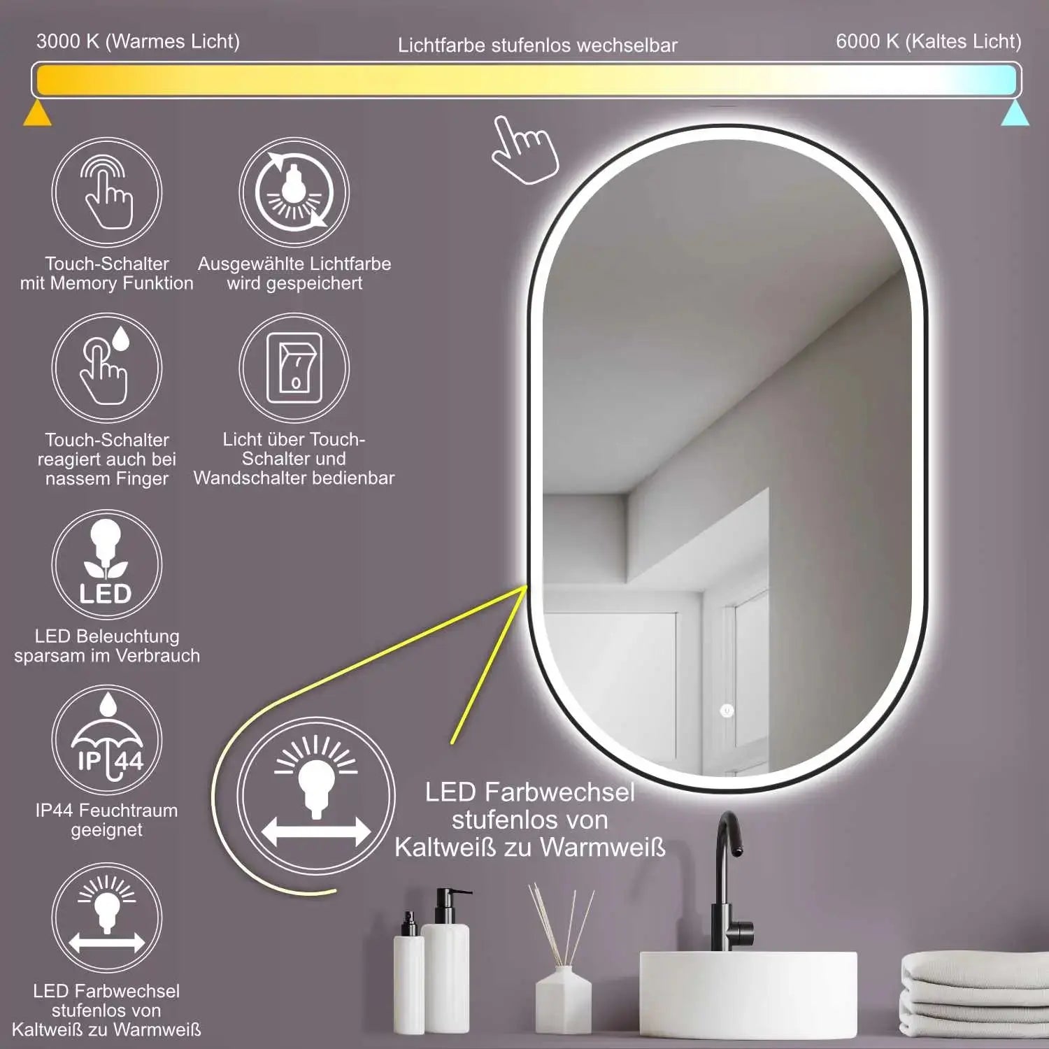Ovaler LED-Badespiegel mit schwarzem Metallrahmen & Lichtwechsel