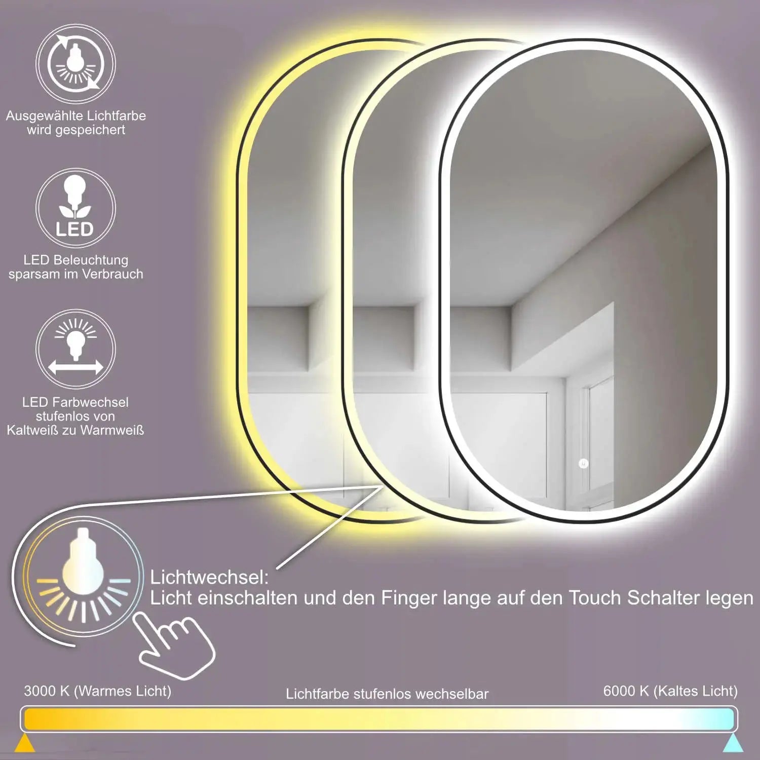 Ovaler LED-Badespiegel mit schwarzem Metallrahmen & Lichtwechsel