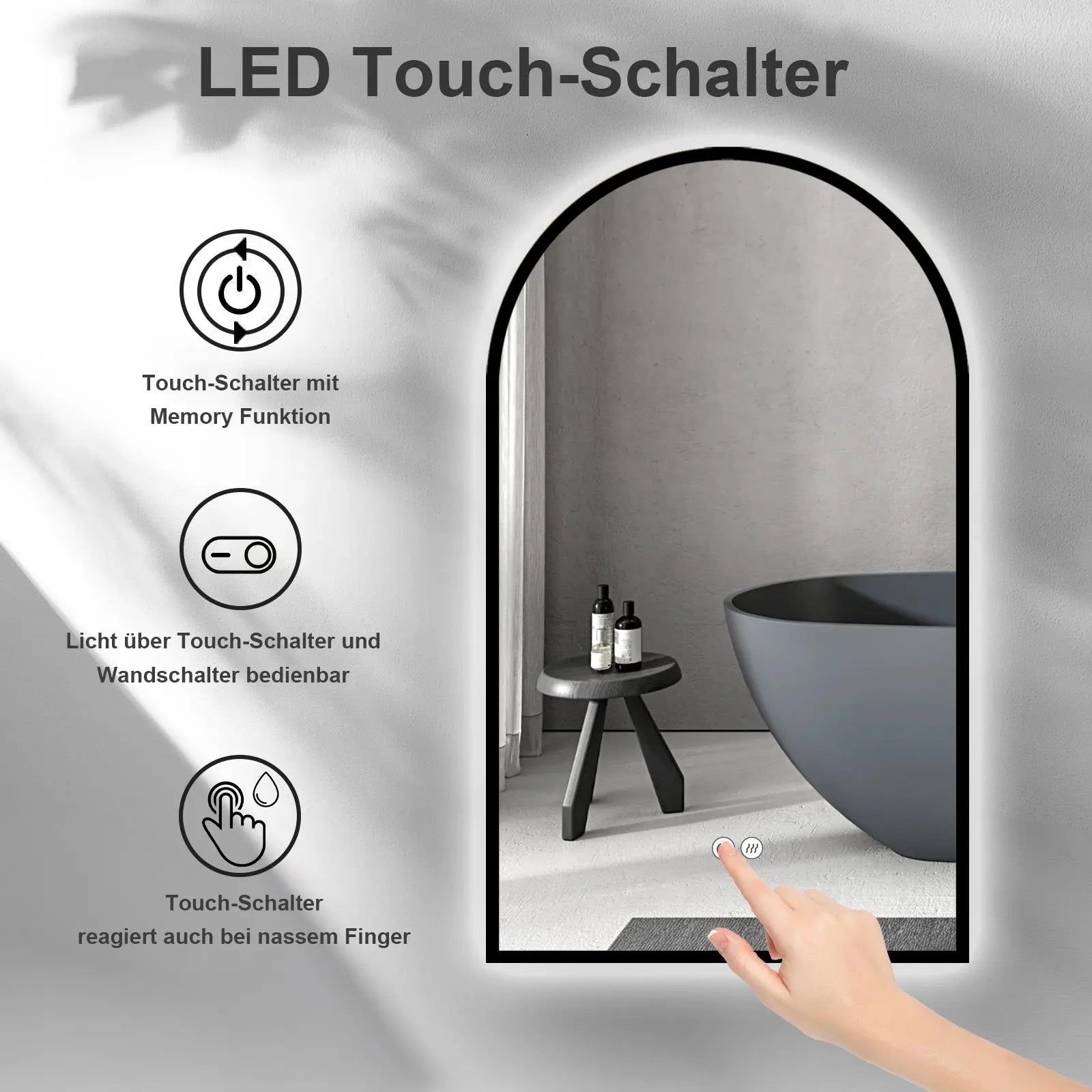 LED Badspiegel in Bogenform mit schwarzem Metallrahmen und Antibeschlagfunktion - HOKO-Style