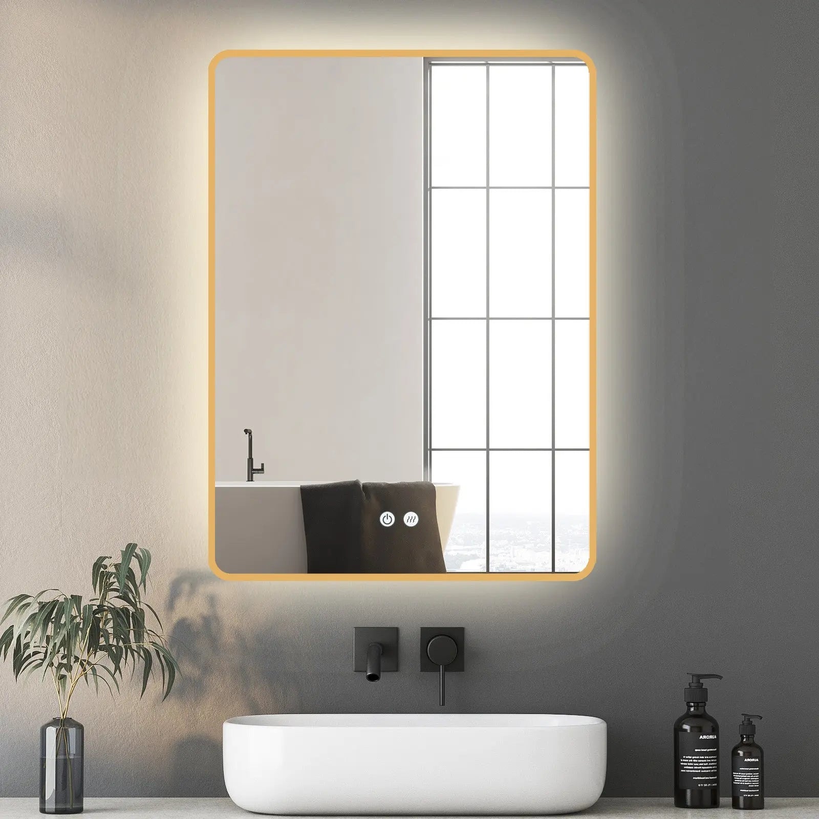 LED-Badspiegel mit goldfarbenem Metallrahmen, Antibeschlag und Lichtwechsel - HOKO-Style