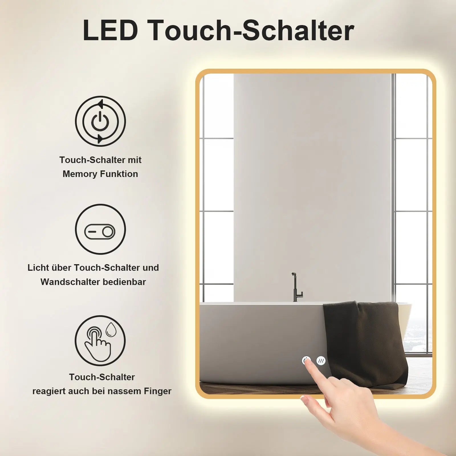 LED-Badspiegel mit goldfarbenem Metallrahmen, Antibeschlag und Lichtwechsel - HOKO-Style