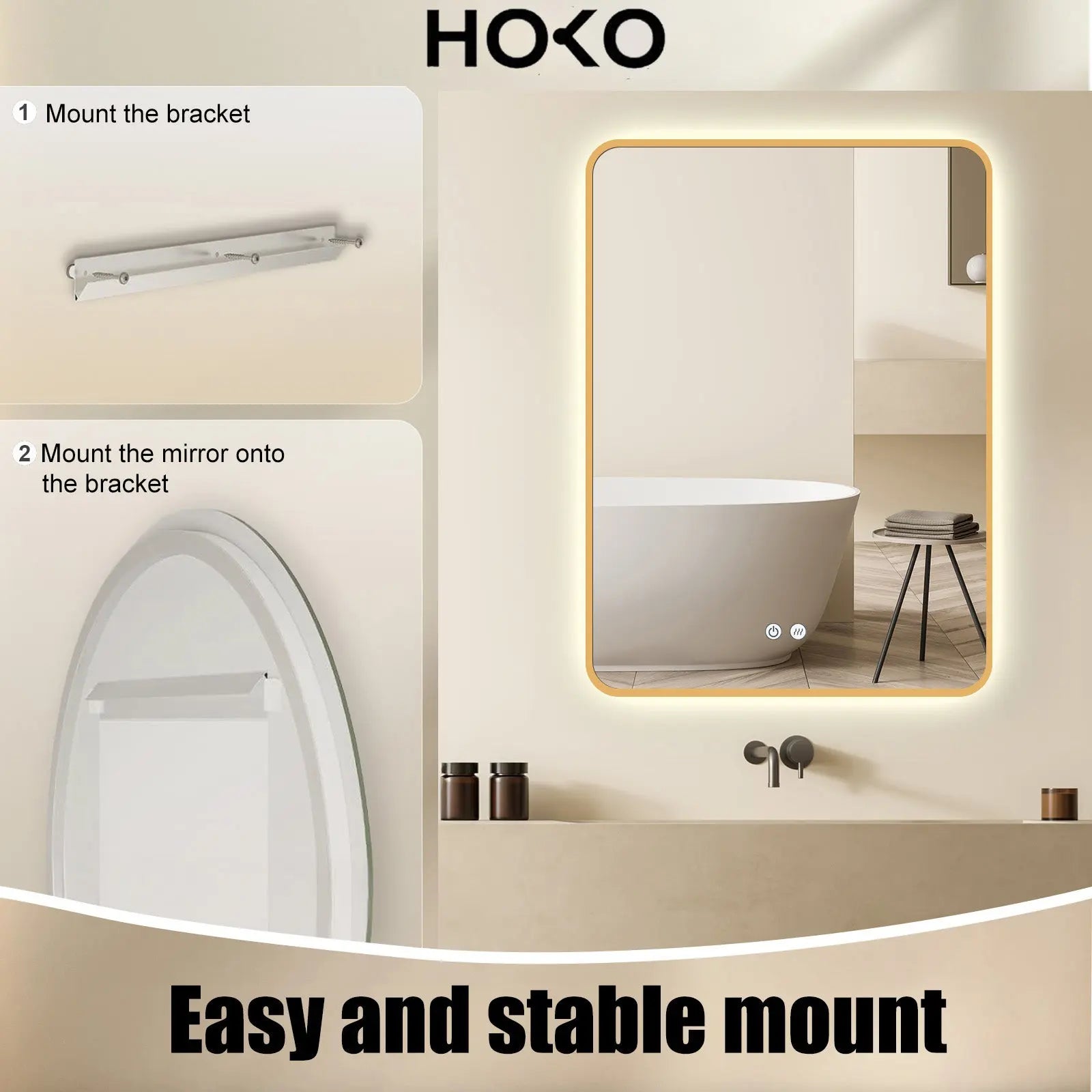 LED-Badspiegel mit goldfarbenem Metallrahmen, Antibeschlag und Lichtwechsel - HOKO-Style