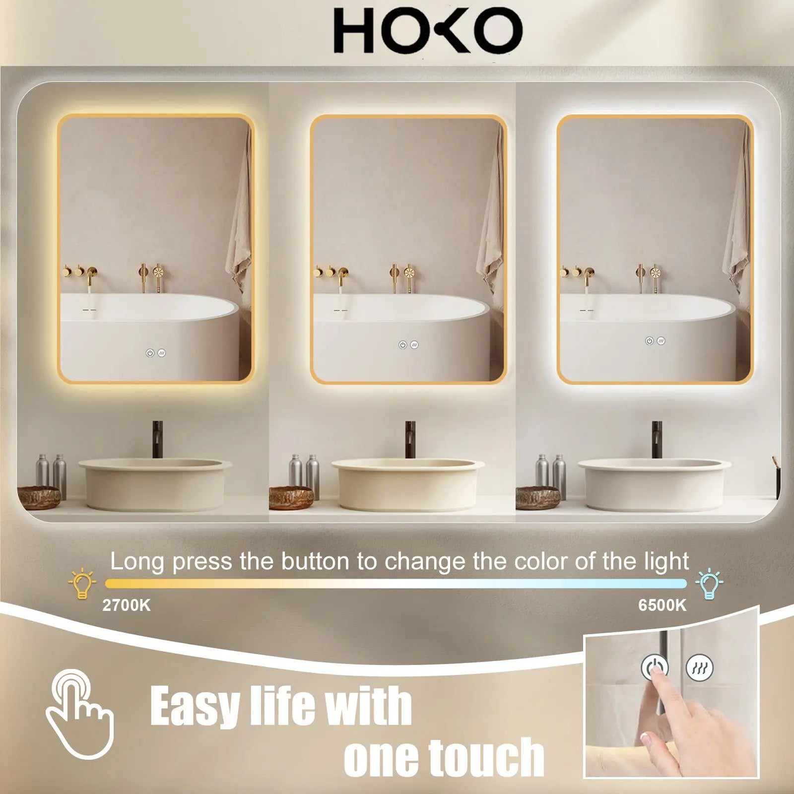 LED-Badspiegel mit goldfarbenem Metallrahmen, Antibeschlag und Lichtwechsel - HOKO-Style