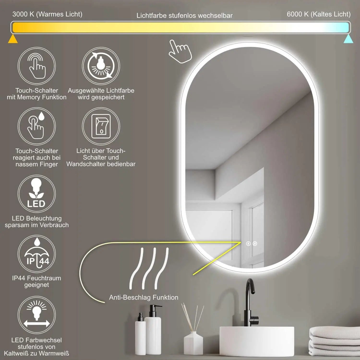 LED Badspiegel oval rahmenlos mit Antibeschlagfunktion & einstellbarer Lichtfarbe - HOKO-Style