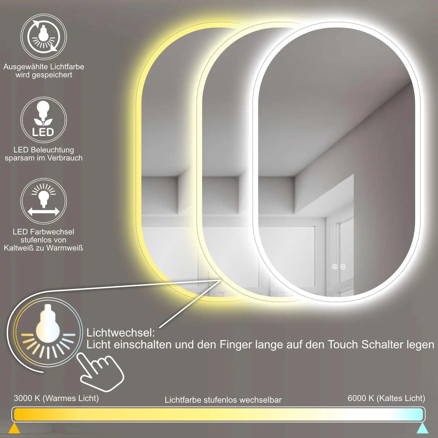 LED Badspiegel oval rahmenlos mit Antibeschlagfunktion & einstellbarer Lichtfarbe - HOKO-Style