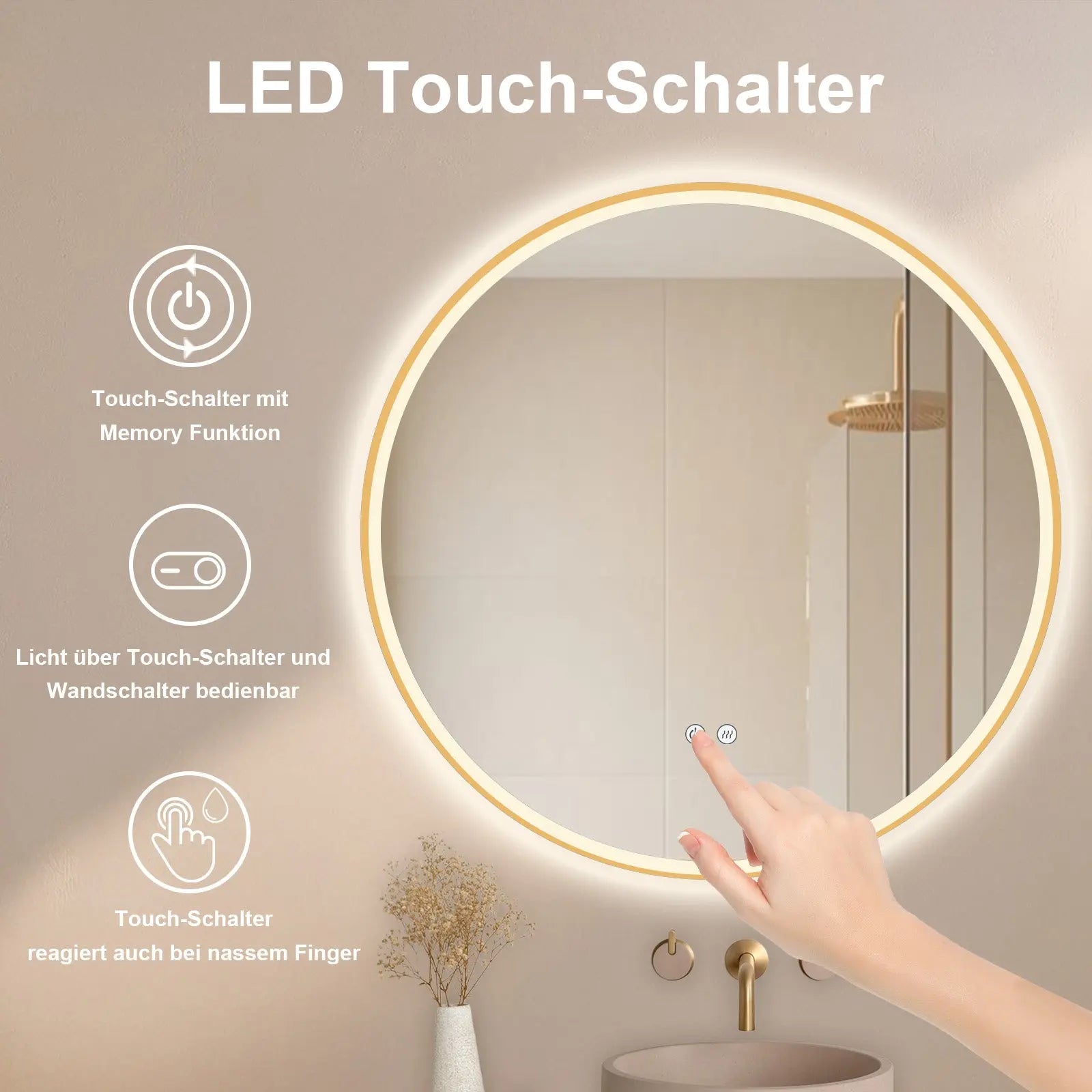 Runder LED Wandspiegel mit Goldrahmen & Antibeschlag – Lichtfarbe wechselbar - HOKO-Style