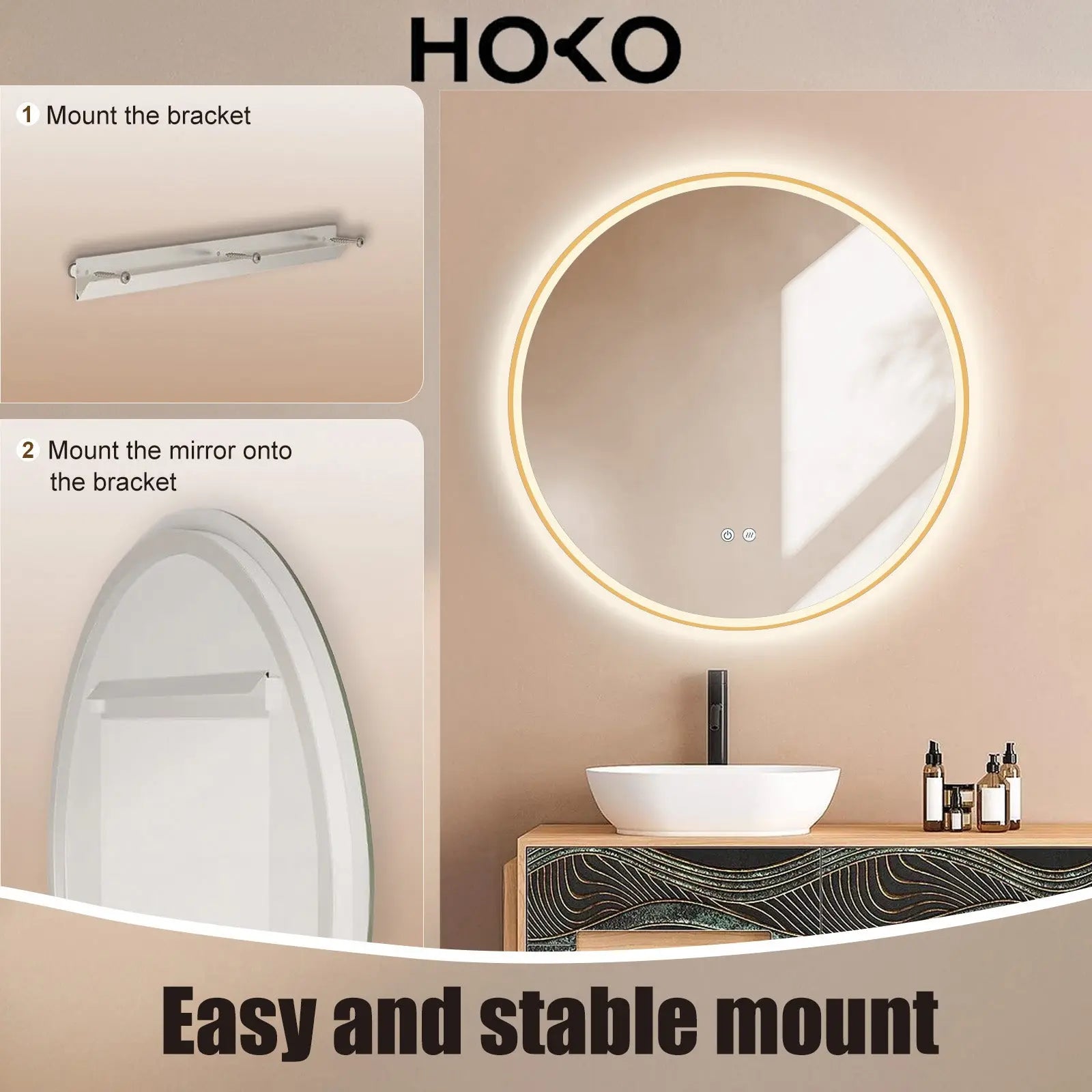 Runder LED Wandspiegel mit Goldrahmen & Antibeschlag – Lichtfarbe wechselbar - HOKO-Style