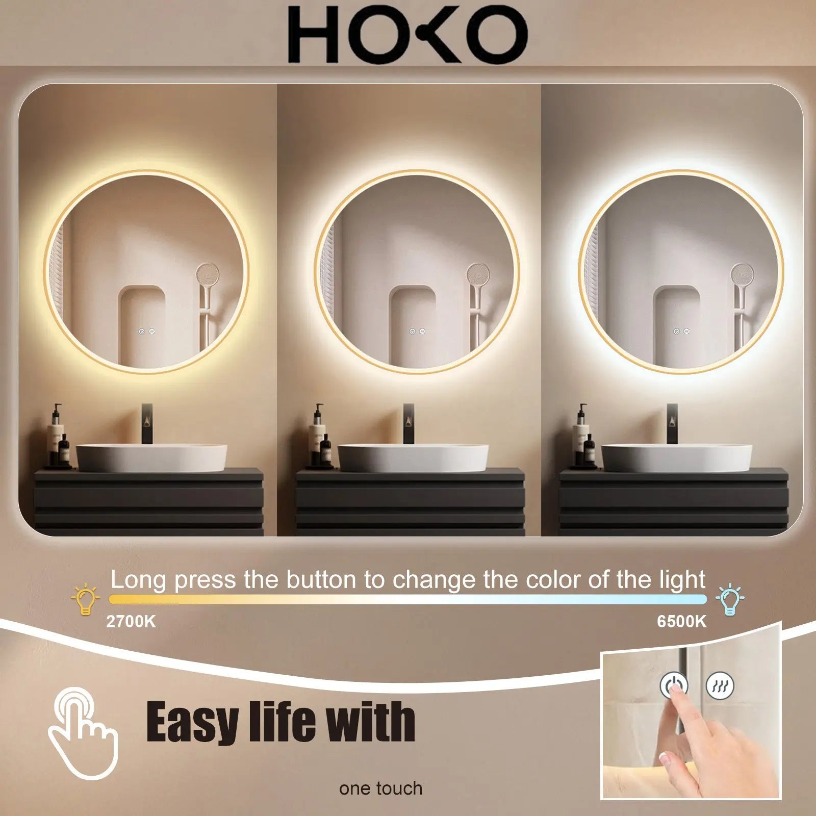 Runder LED Wandspiegel mit Goldrahmen & Antibeschlag – Lichtfarbe wechselbar - HOKO-Style