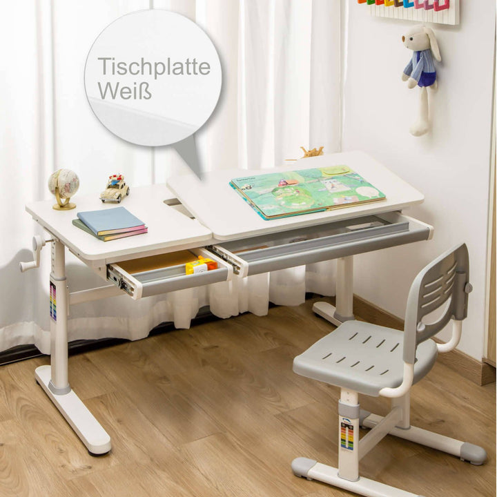 Ergo-Study-Table manuell höhenverstellbar Kinder-Schreibtisch mit verstellbarer Tischplatte, Weiß